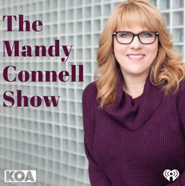 The cover image for the Mandy Connell Show. Mandy is wearing a purple sweater and smiling, behind her is a grid architecture background