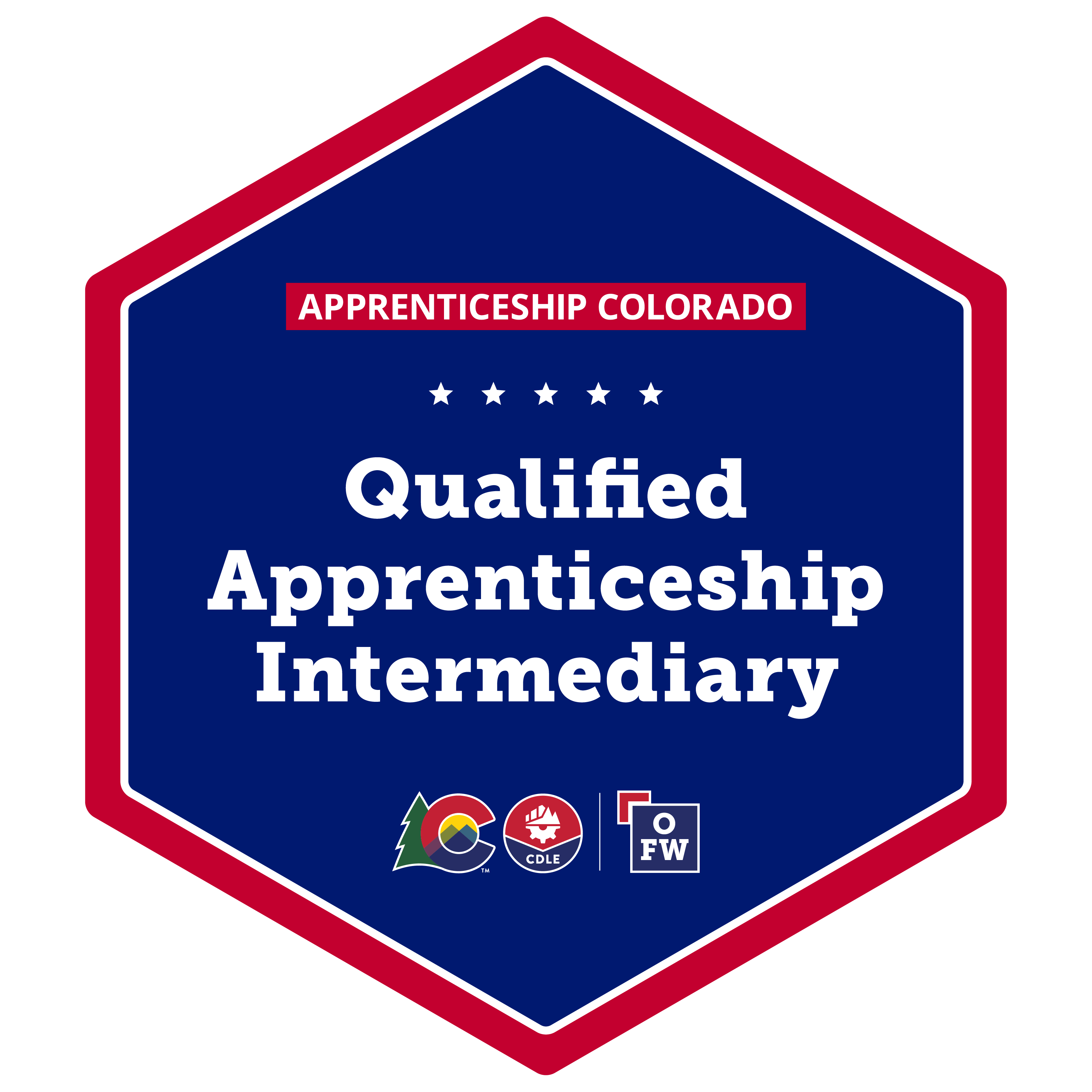 A blue and red badge in the shape of a hexagon that says, "Qualified Apprenticeship Intermediary". It is from the organization Apprenticeship Colorado