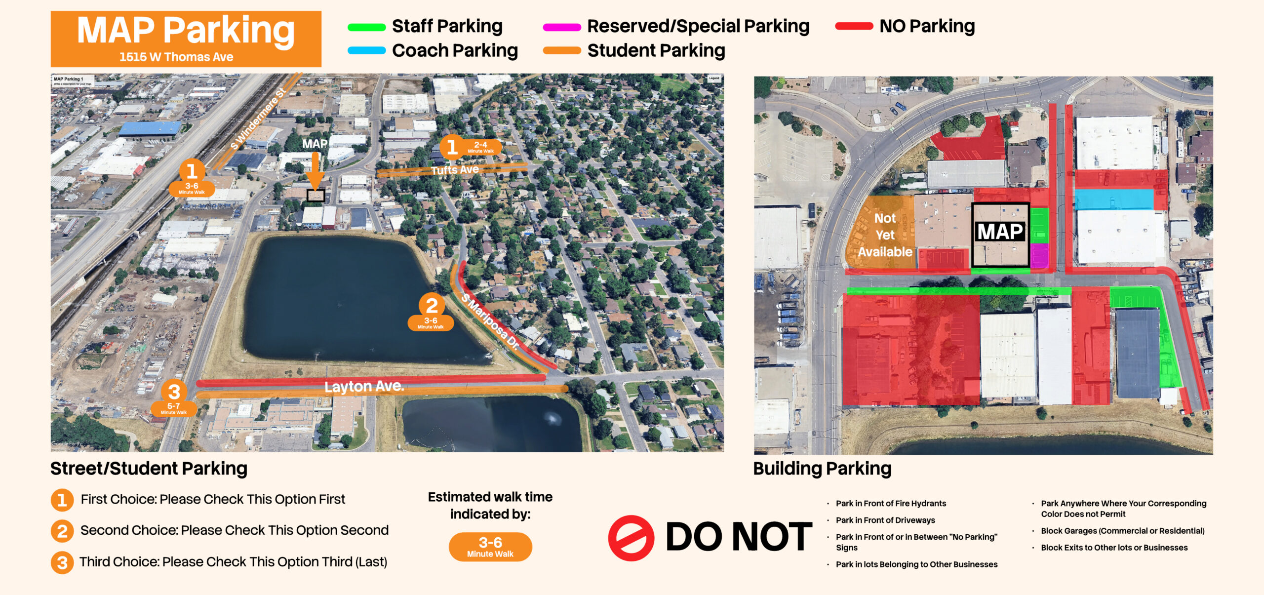 A parking map showing where to park at 1515 W Thomas Ave for The Master's Apprentice.